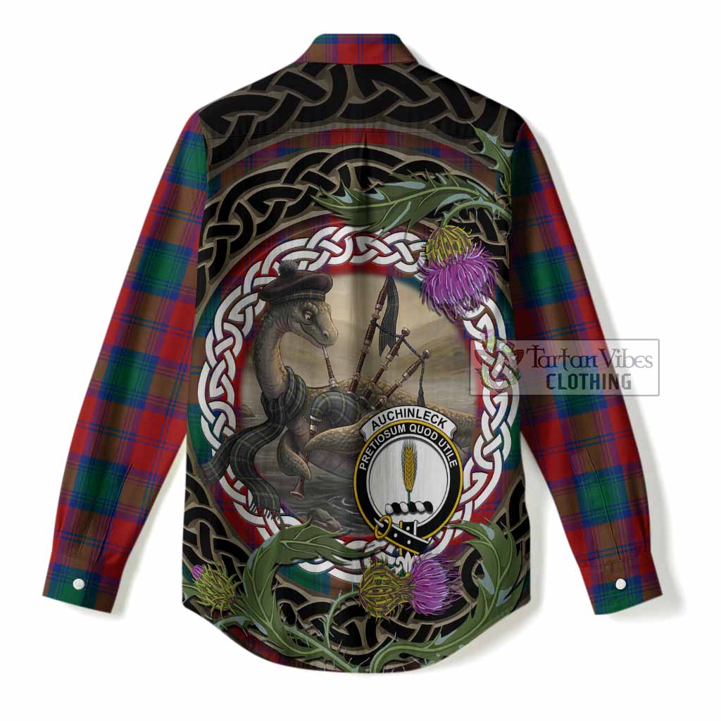 Auchinleck (Affleck) Tartan Crest Bagpipe Nessie Women Casual Shirt Scottish Loch Ness Monster Celtic Thistle