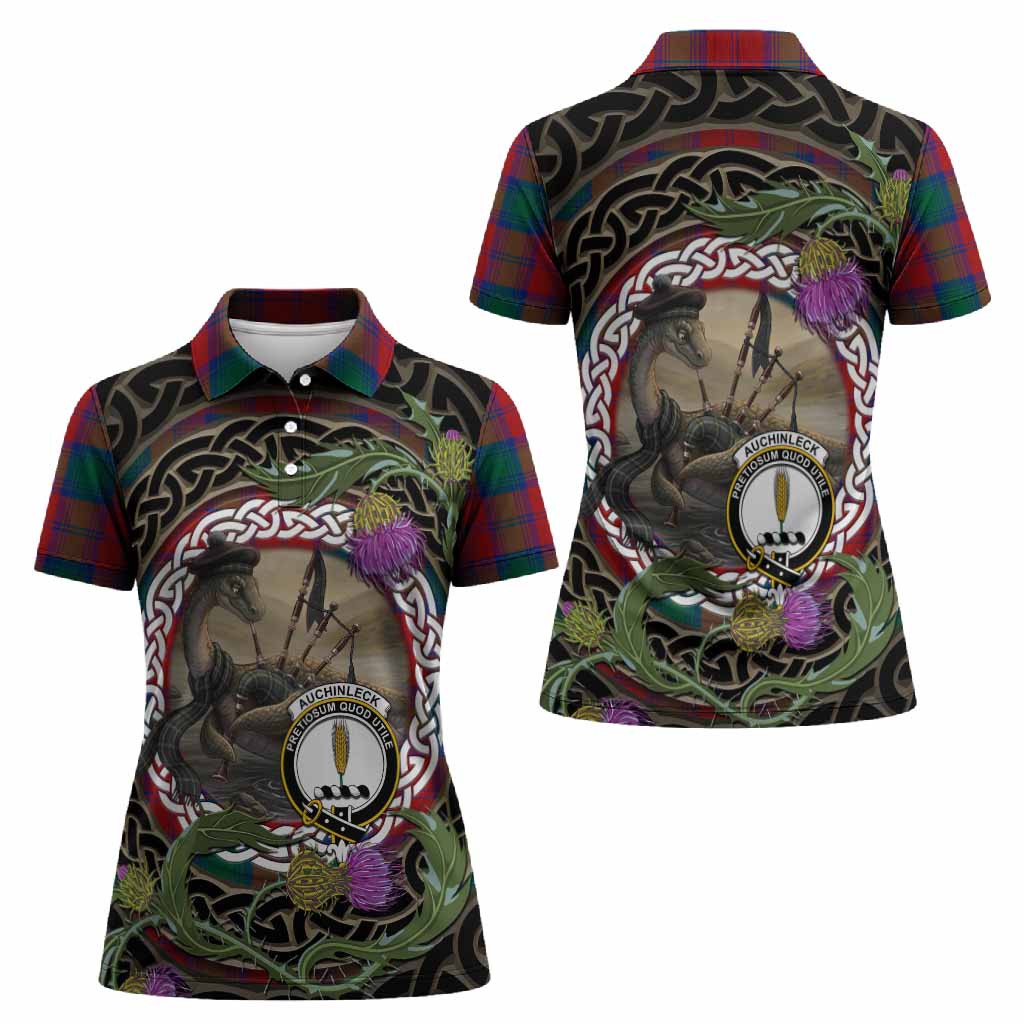 Auchinleck (Affleck) Tartan Crest Bagpipe Nessie Women Polo Shirt Scottish Loch Ness Monster Celtic Thistle