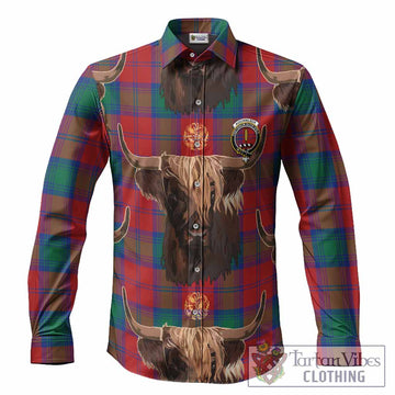 Auchinleck (Affleck) Tartan Crest Long Sleeve Button Shirts Scotland Heilan Coo Tartan Seamless Style