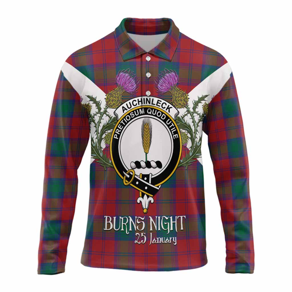 Auchinleck (Affleck) Tartan Family Crest Long Sleeve Polo Shirt Scottish Burns Night Thistle Floral