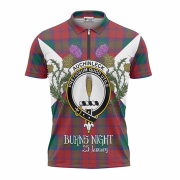 Auchinleck (Affleck) Tartan Family Crest Zipper Polo Shirt Scottish Burns Night Thistle Floral