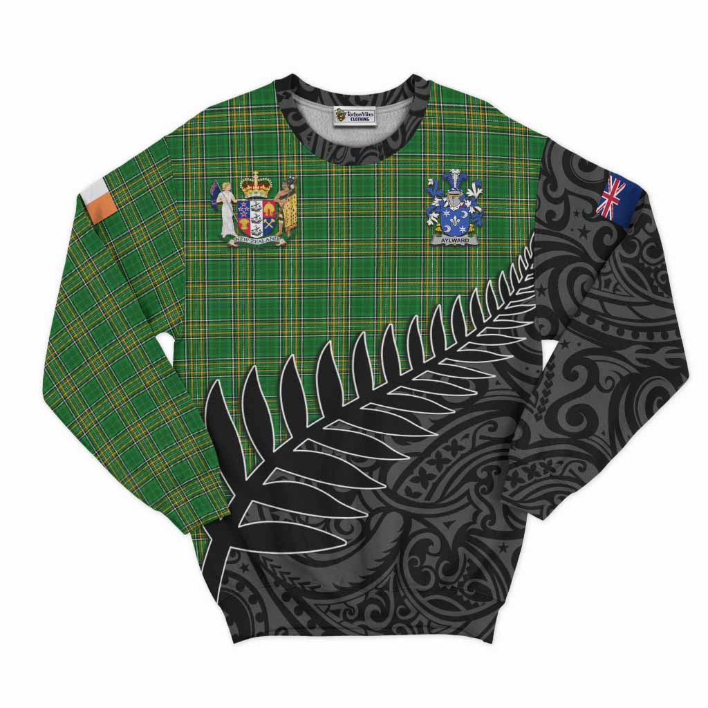 Tartan Vibes Clothing Aylward Irish Clan Tartan Sweatshirt with Coat of Arms New Zealand Silver Fern Half Style