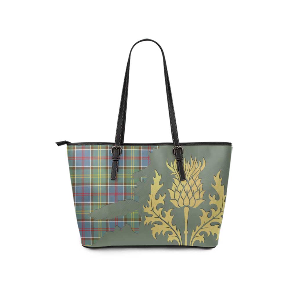 Tartan Vibes Clothing Ayrshire District Tartan Leather Tote Bag Gold Thistle Style