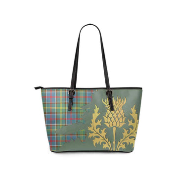 Ayrshire District Tartan Leather Tote Bag Gold Thistle Style