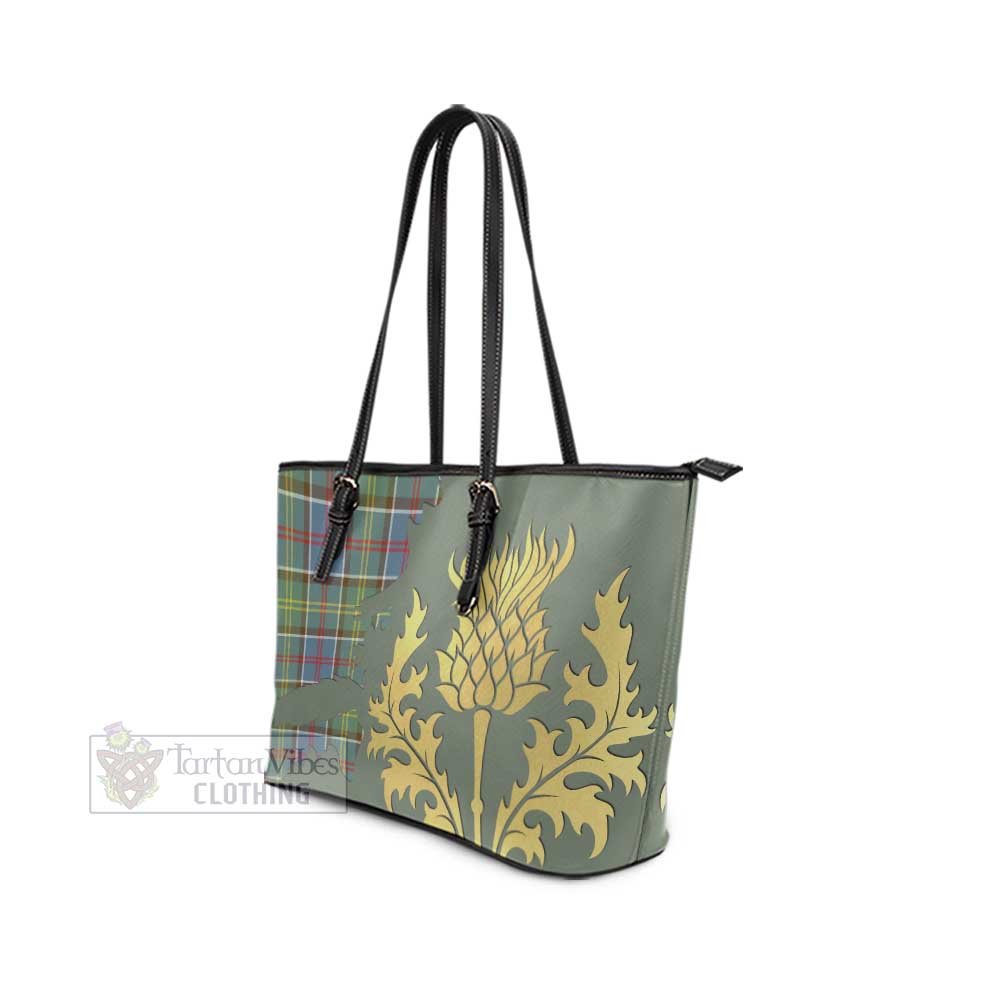 Tartan Vibes Clothing Ayrshire District Tartan Leather Tote Bag Gold Thistle Style