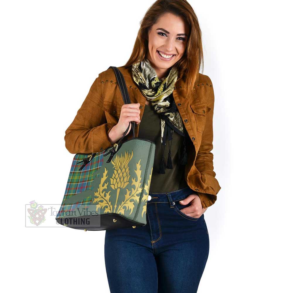Tartan Vibes Clothing Ayrshire District Tartan Leather Tote Bag Gold Thistle Style