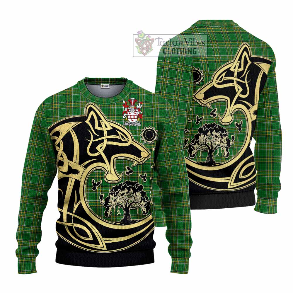 Tartan Vibes Clothing Bagley Irish Tartan Knitted Sweater with Coat of Arms Celtic Wolf Style