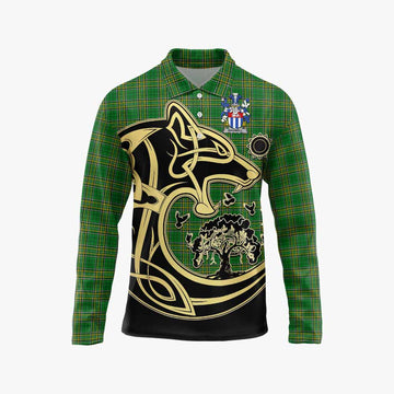 Bagwell Irish Tartan Long Sleeve Polo Shirt with Coat of Arms Celtic Wolf Style Unisex - Tartan Vibes Clothing