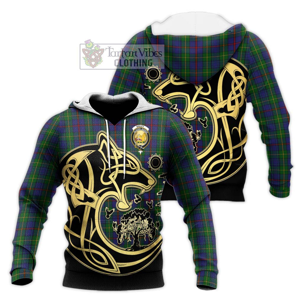 Bailey Tartan Knitted Hoodie with Family Crest Celtic Wolf Style Unisex Knitted Pullover Hoodie - Tartan Vibes Clothing