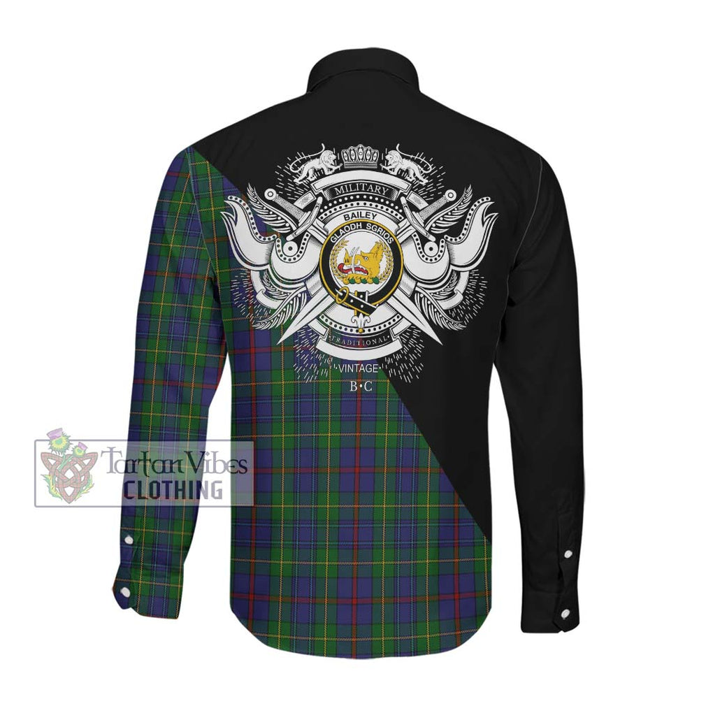 Bailey Tartan Long Sleeve Button Shirt with Family Crest and Military Logo Style Men's Shirt - Tartanvibesclothing Shop