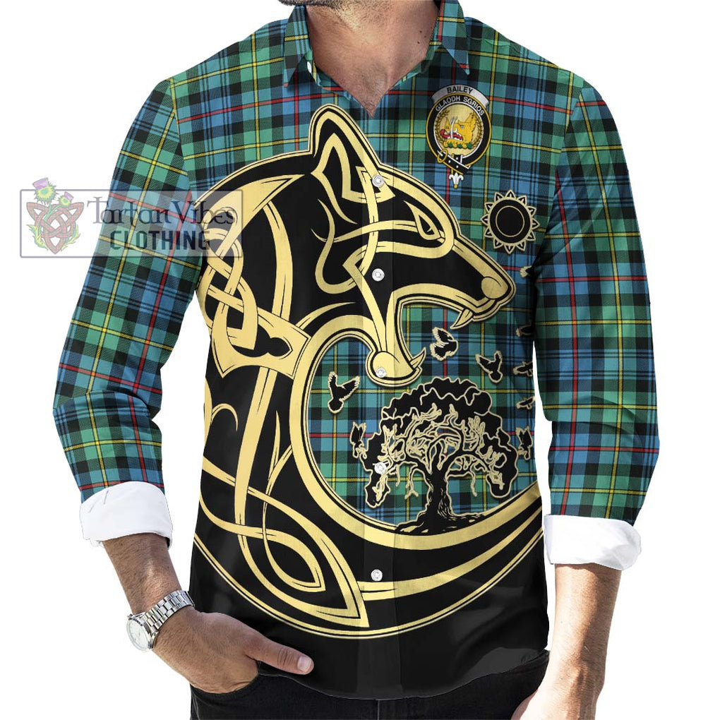 Bailey Ancient Tartan Long Sleeve Button Shirt with Family Crest Celtic Wolf Style - Tartan Vibes Clothing