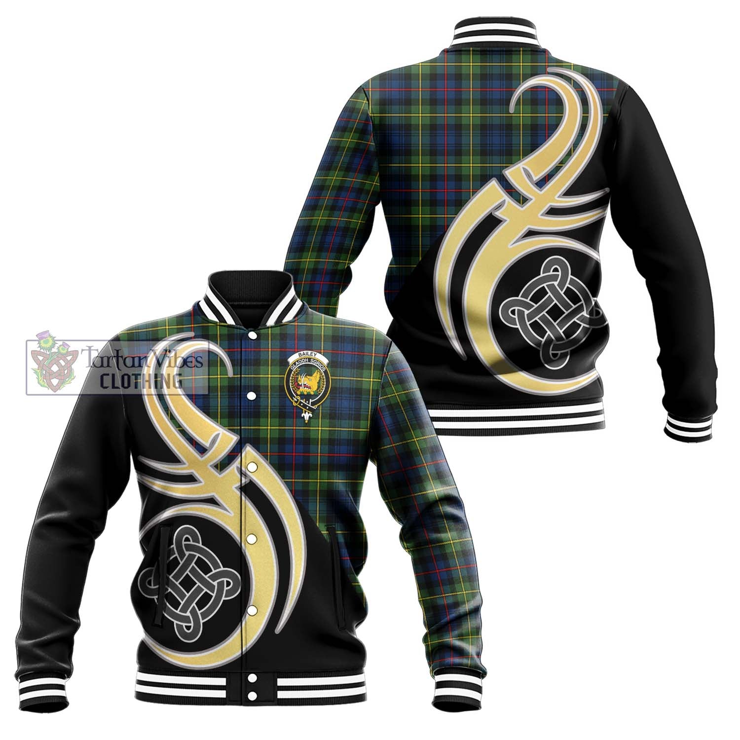 Bailey Modern Tartan Baseball Jacket with Family Crest and Celtic Symbol Style Unisex - Tartan Vibes Clothing