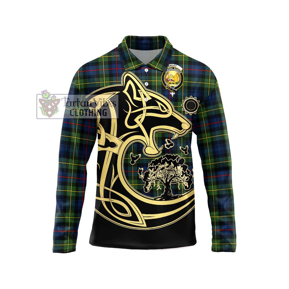 Bailey Modern Tartan Long Sleeve Polo Shirt with Family Crest Celtic Wolf Style Unisex - Tartan Vibes Clothing