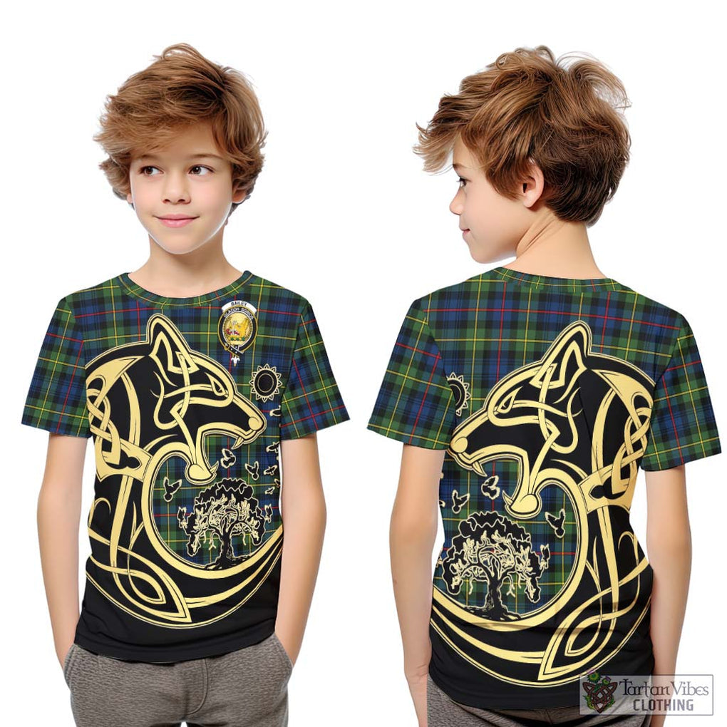 Bailey Modern Tartan Kid T-Shirt with Family Crest Celtic Wolf Style Youth XL Size14 - Tartan Vibes Clothing