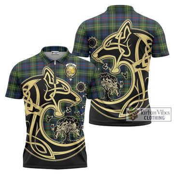 Bailey Modern Tartan Zipper Polo Shirt with Family Crest Celtic Wolf Style Unisex - Tartan Vibes Clothing