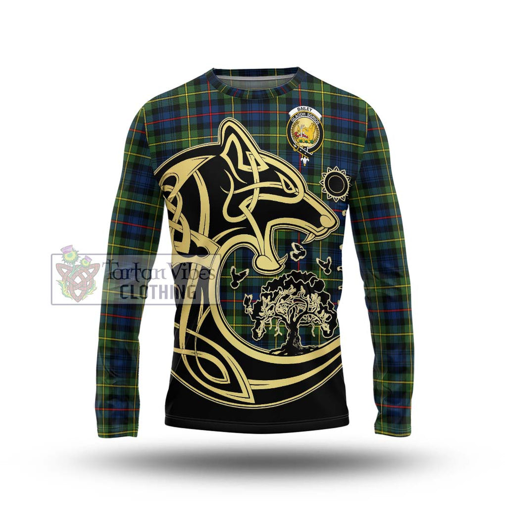 Bailey Modern Tartan Long Sleeve T-Shirt with Family Crest Celtic Wolf Style Unisex - Tartan Vibes Clothing