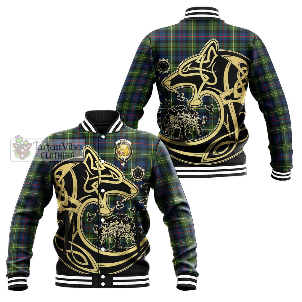 Bailey Modern Tartan Baseball Jacket with Family Crest Celtic Wolf Style Unisex - Tartan Vibes Clothing