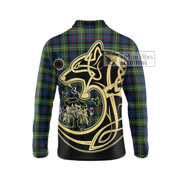 Bailey Modern Tartan Long Sleeve Polo Shirt with Family Crest Celtic Wolf Style - Tartan Vibes Clothing