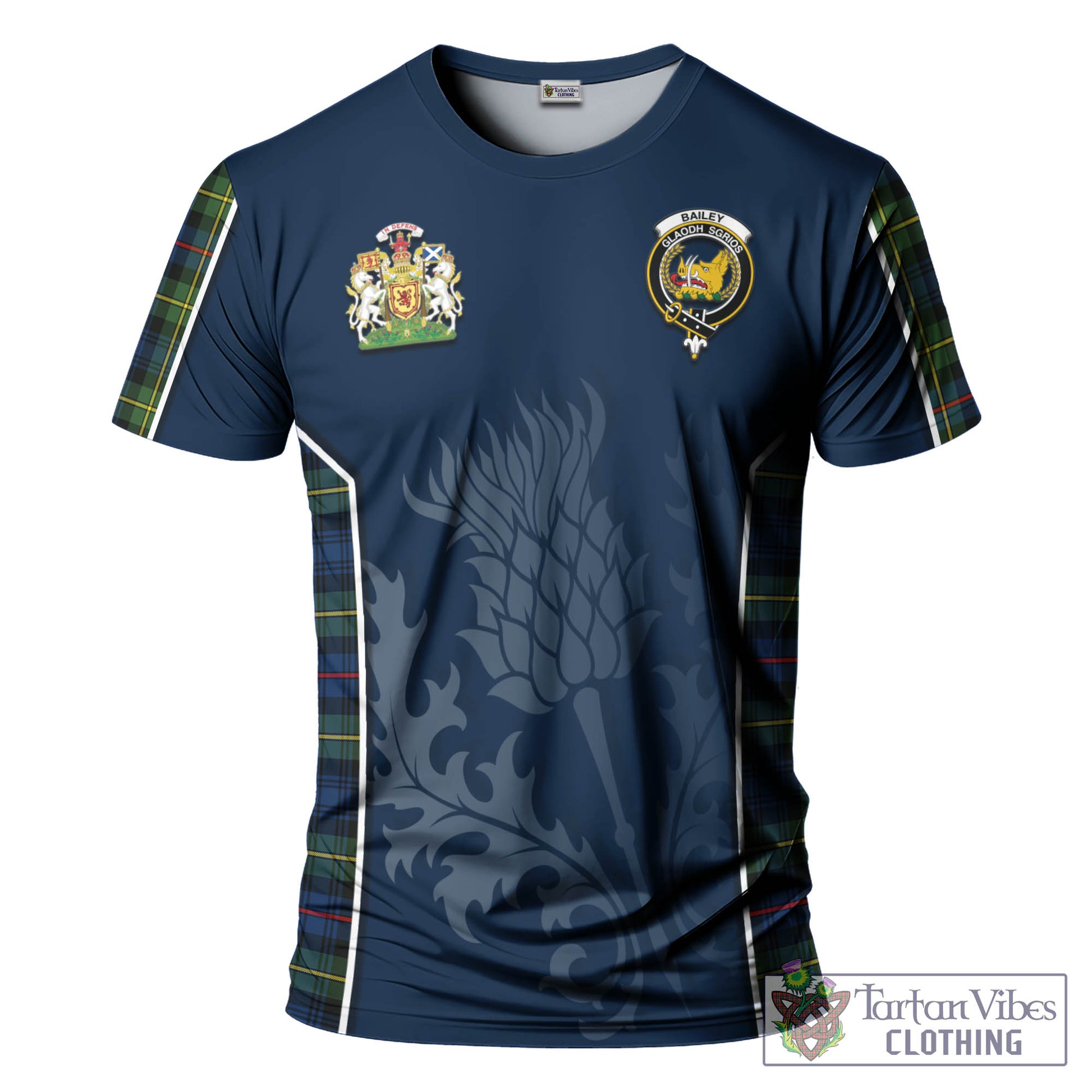 Bailey Modern Tartan T-Shirt with Family Crest and Scottish Thistle Vibes Sport Style - Tartan Vibes Clothing
