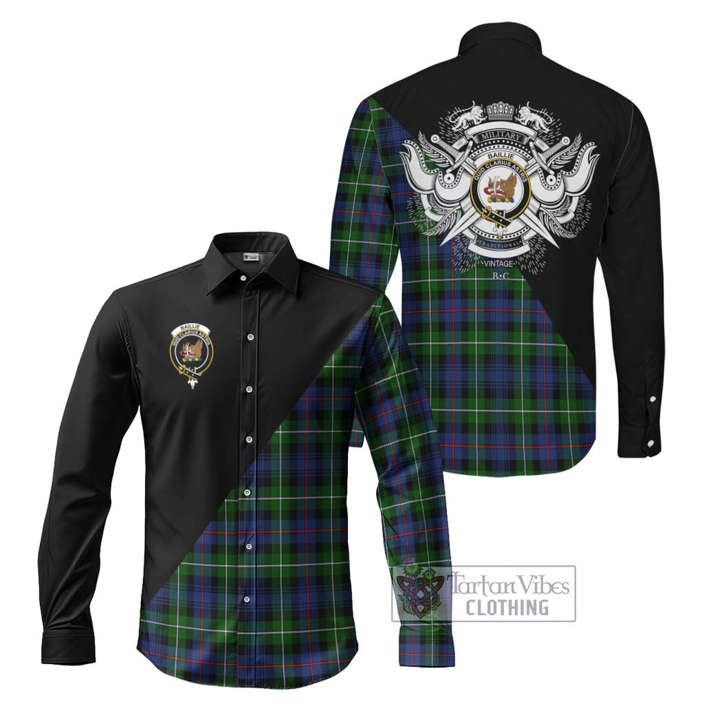 Baillie Tartan Long Sleeve Button Shirt with Family Crest and Military Logo Style Men's Shirt S - Tartanvibesclothing Shop