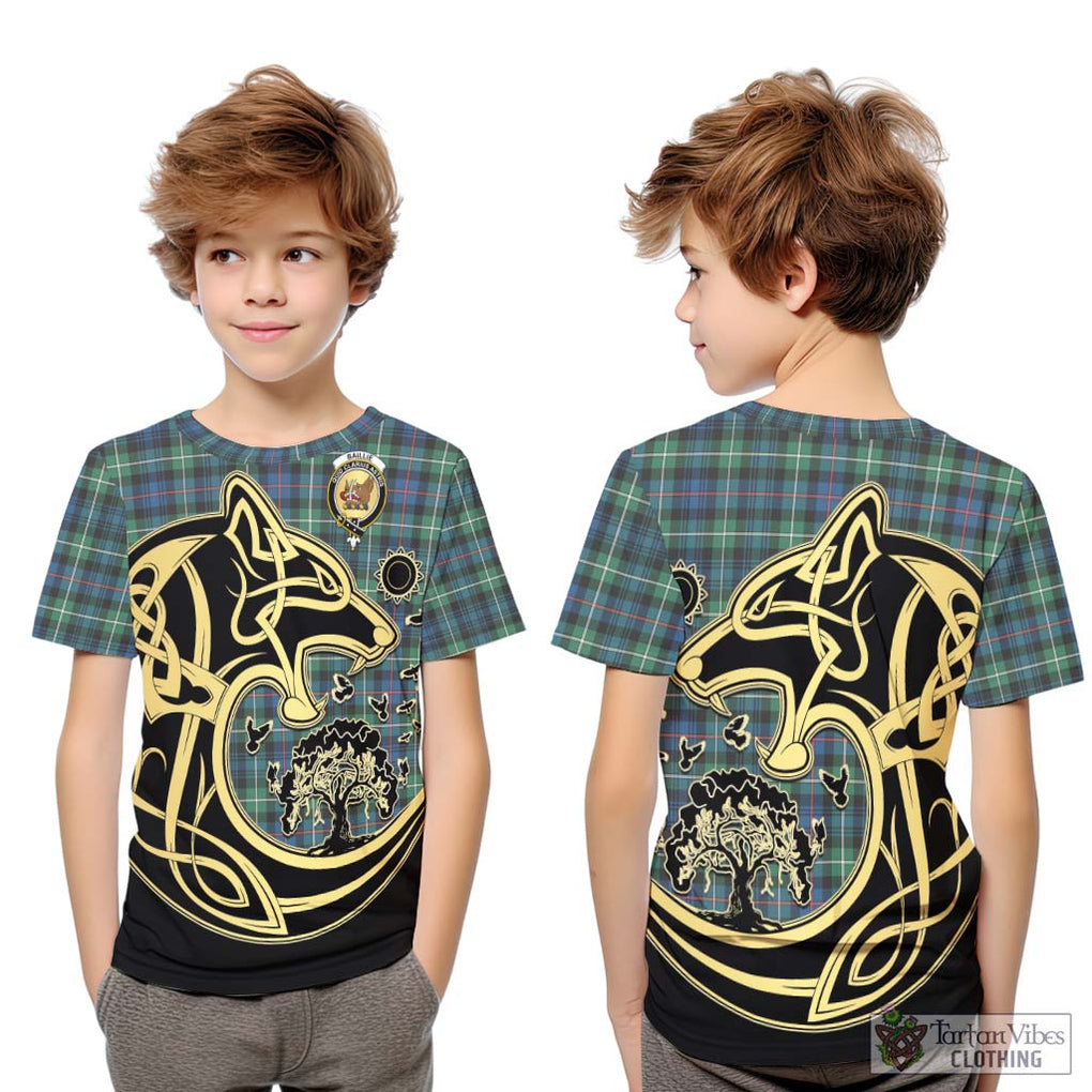 Baillie Ancient Tartan Kid T-Shirt with Family Crest Celtic Wolf Style Youth XL Size14 - Tartan Vibes Clothing