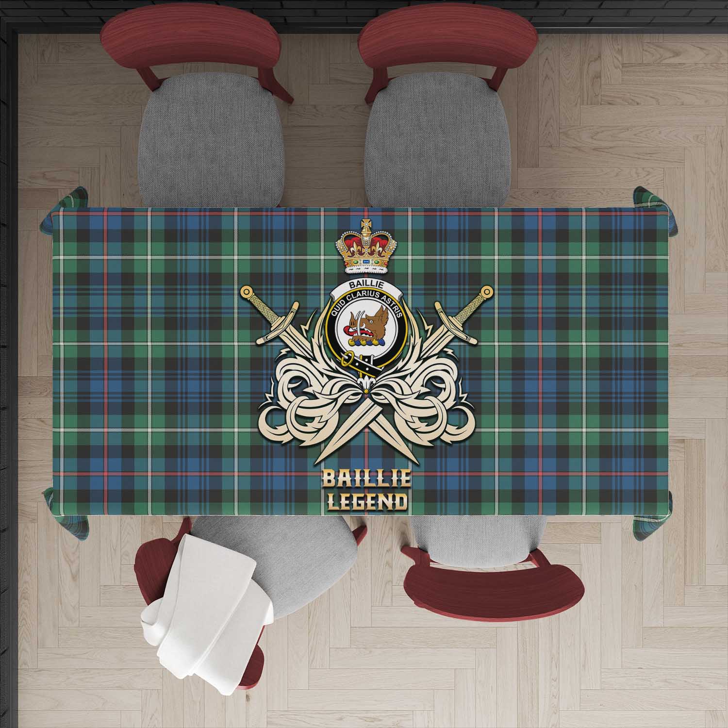 Baillie Ancient Tartan Tablecloth with Clan Crest and the Golden Sword of Courageous Legacy - Tartan Vibes Clothing