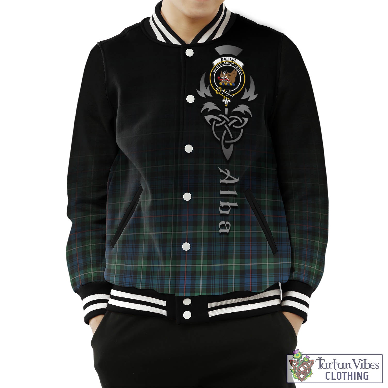 Tartan Vibes Clothing Baillie Ancient Tartan Baseball Jacket Featuring Alba Gu Brath Family Crest Celtic Inspired
