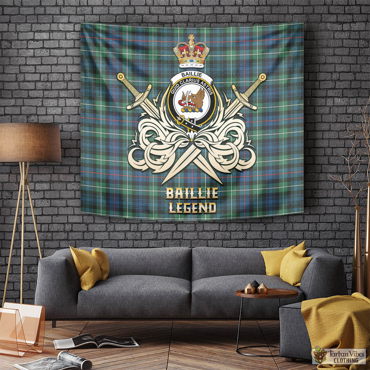 Tartan Vibes Clothing Baillie Ancient Tartan Tapestry with Clan Crest and the Golden Sword of Courageous Legacy