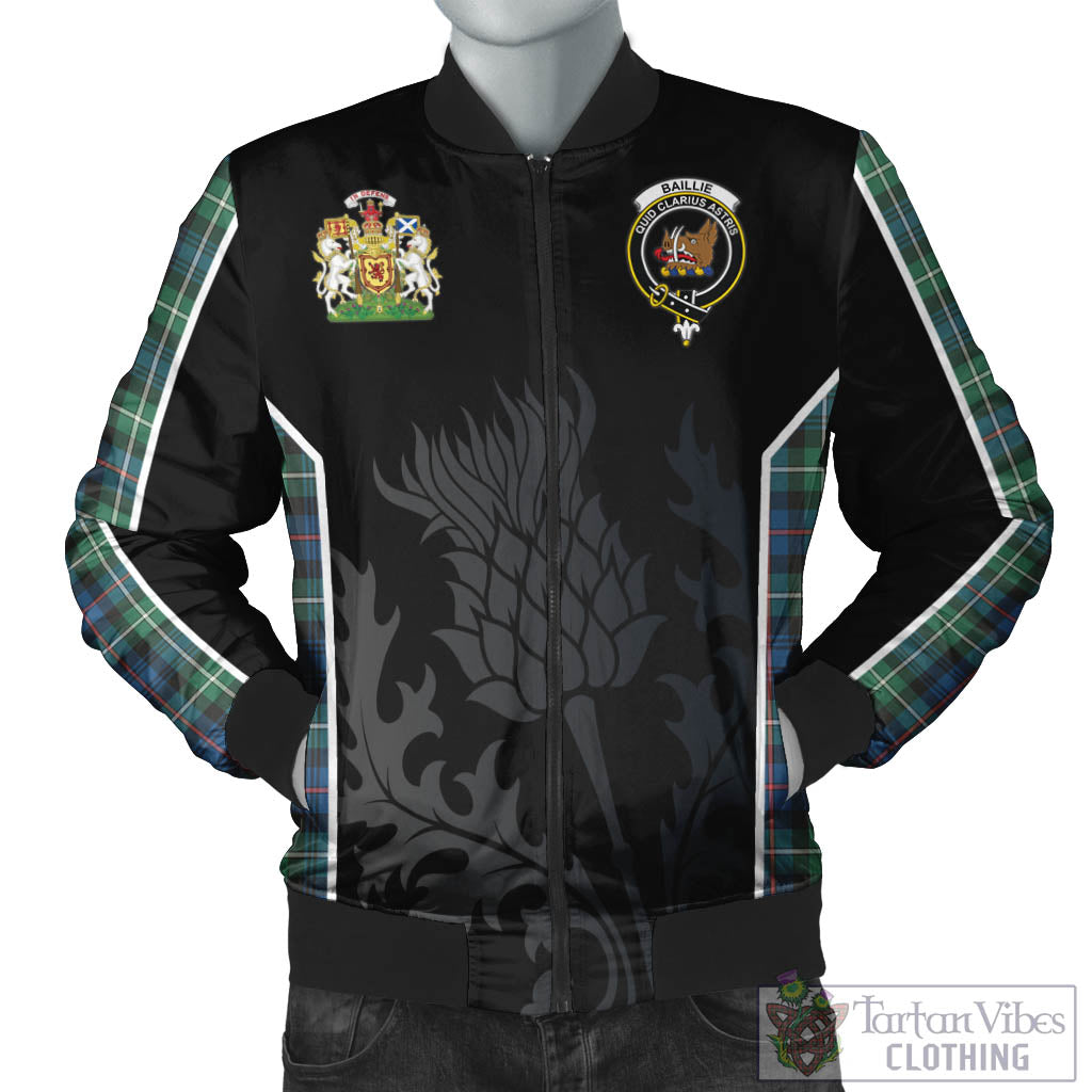 Baillie Ancient Tartan Bomber Jacket with Family Crest and Scottish Thistle Vibes Sport Style Unisex Black - Tartan Vibes Clothing