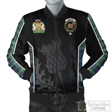 Tartan Vibes Clothing Baillie Ancient Tartan Bomber Jacket with Family Crest and Scottish Thistle Vibes Sport Style