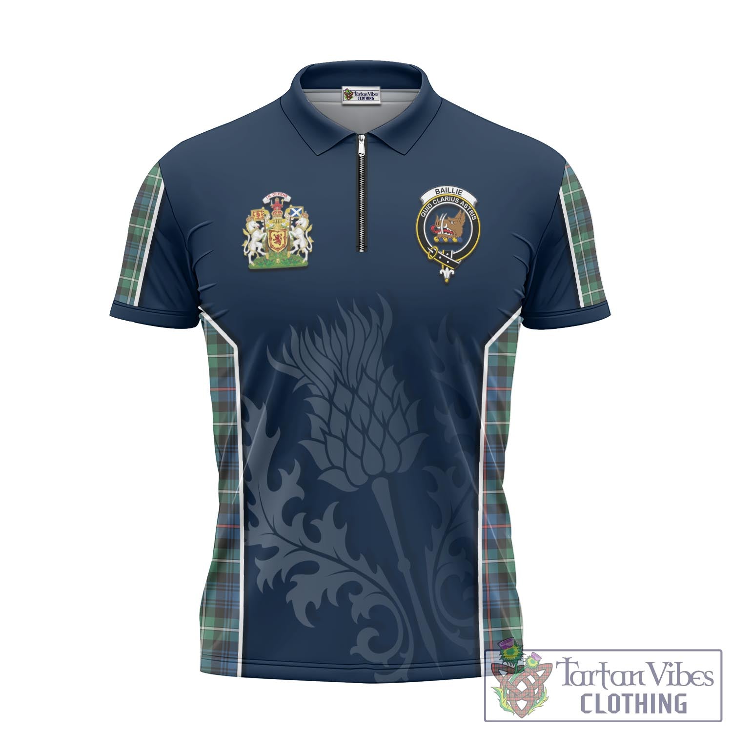 Tartan Vibes Clothing Baillie Ancient Tartan Zipper Polo Shirt with Family Crest and Scottish Thistle Vibes Sport Style