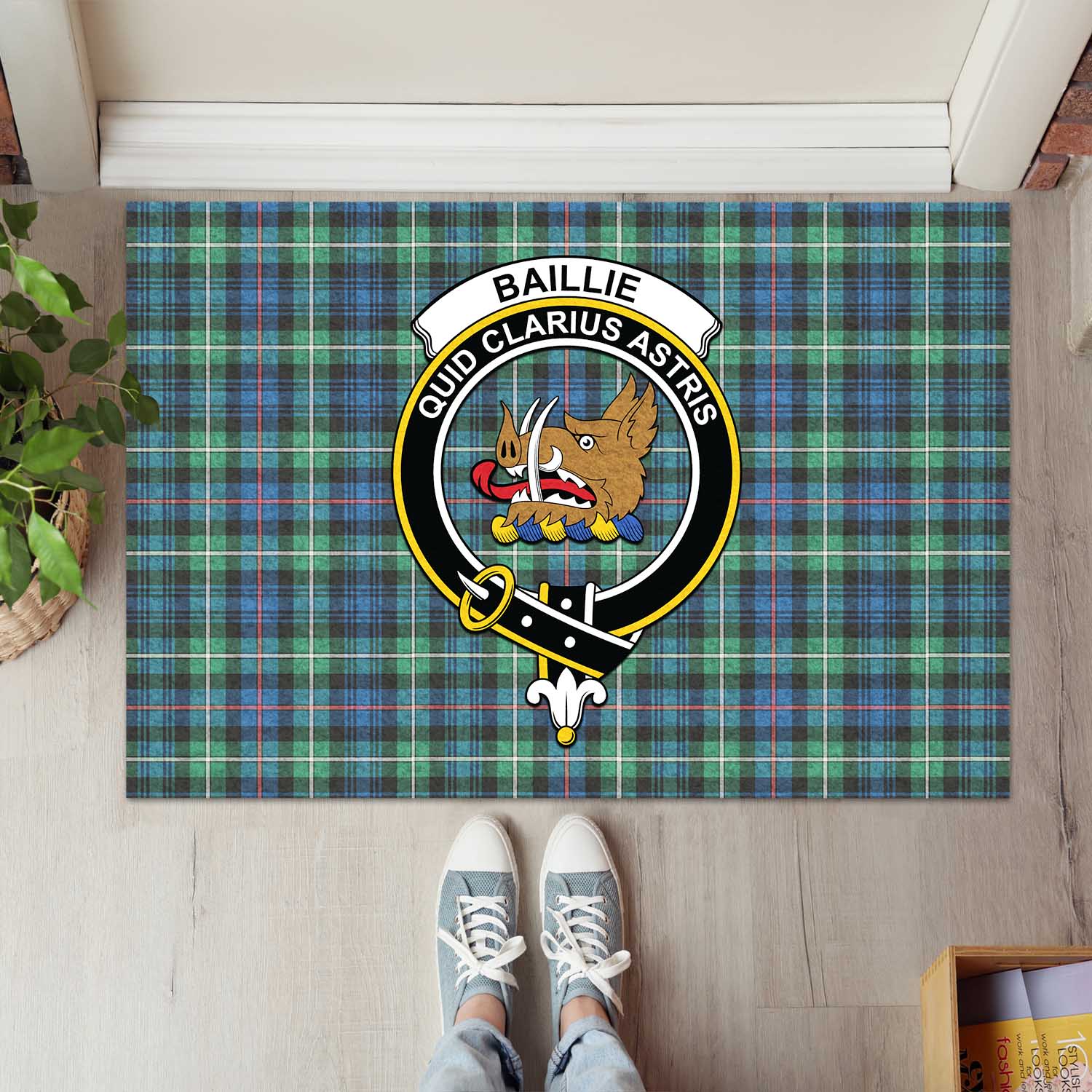 Baillie Ancient Tartan Rubber Doormat with Family Crest L 60*90cm - Tartan Vibes Clothing