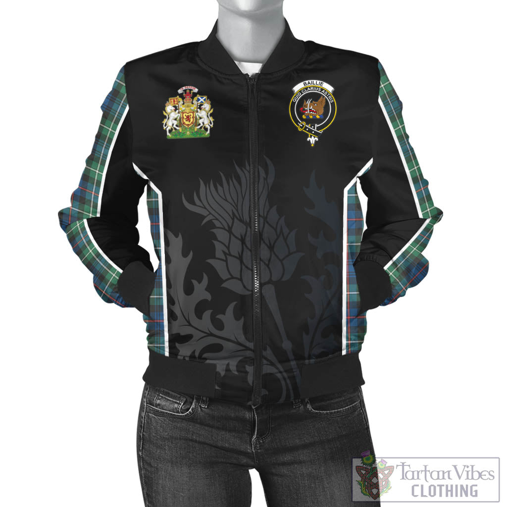 Baillie Ancient Tartan Bomber Jacket with Family Crest and Scottish Thistle Vibes Sport Style - Tartan Vibes Clothing