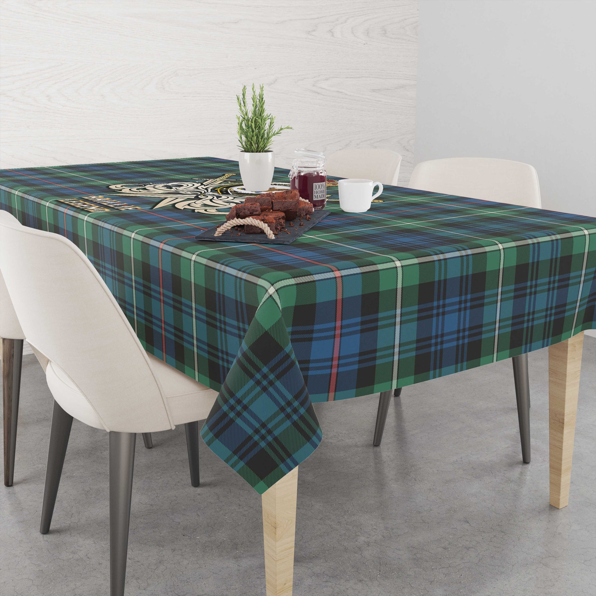Baillie Ancient Tartan Tablecloth with Clan Crest and the Golden Sword of Courageous Legacy - Tartan Vibes Clothing