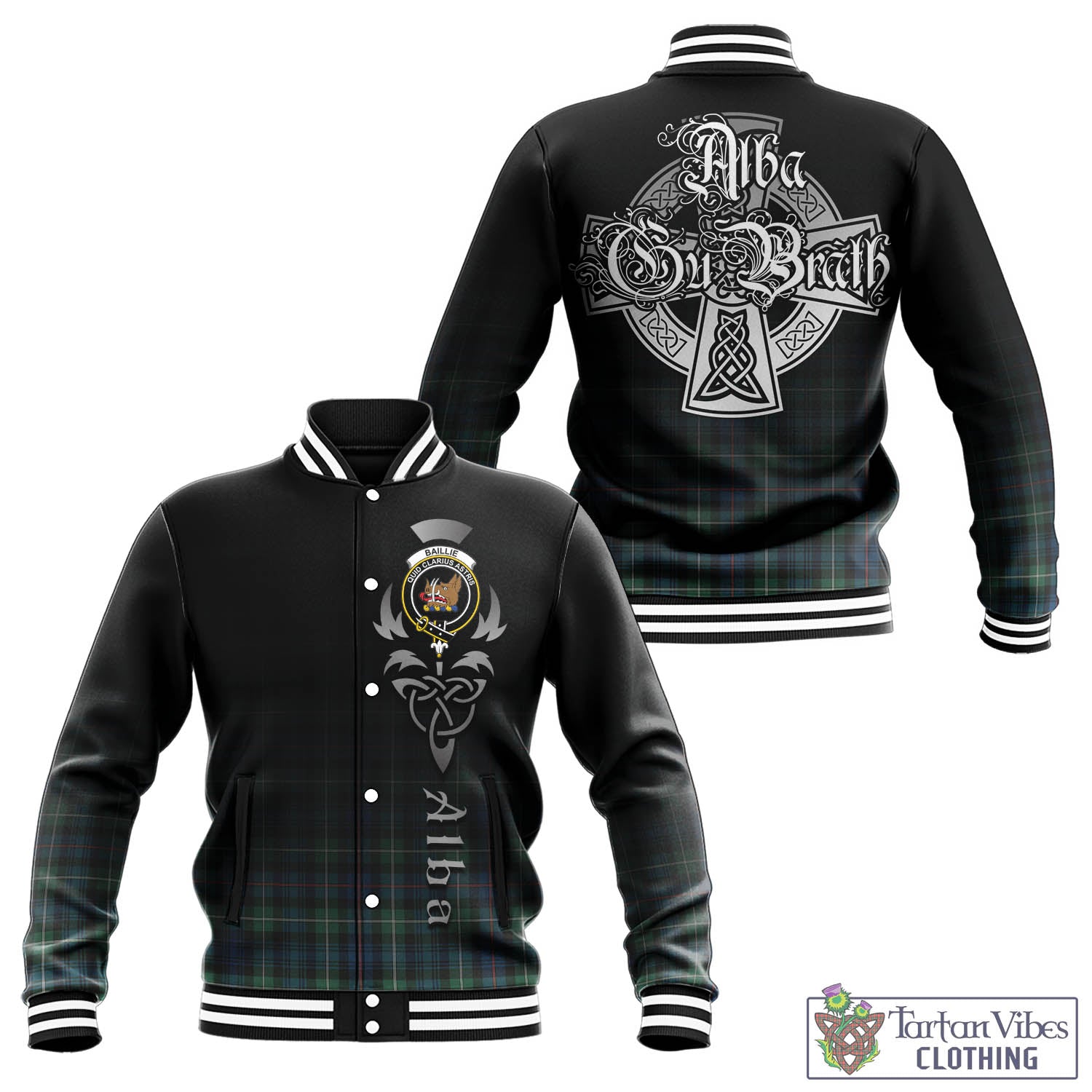 Tartan Vibes Clothing Baillie Ancient Tartan Baseball Jacket Featuring Alba Gu Brath Family Crest Celtic Inspired