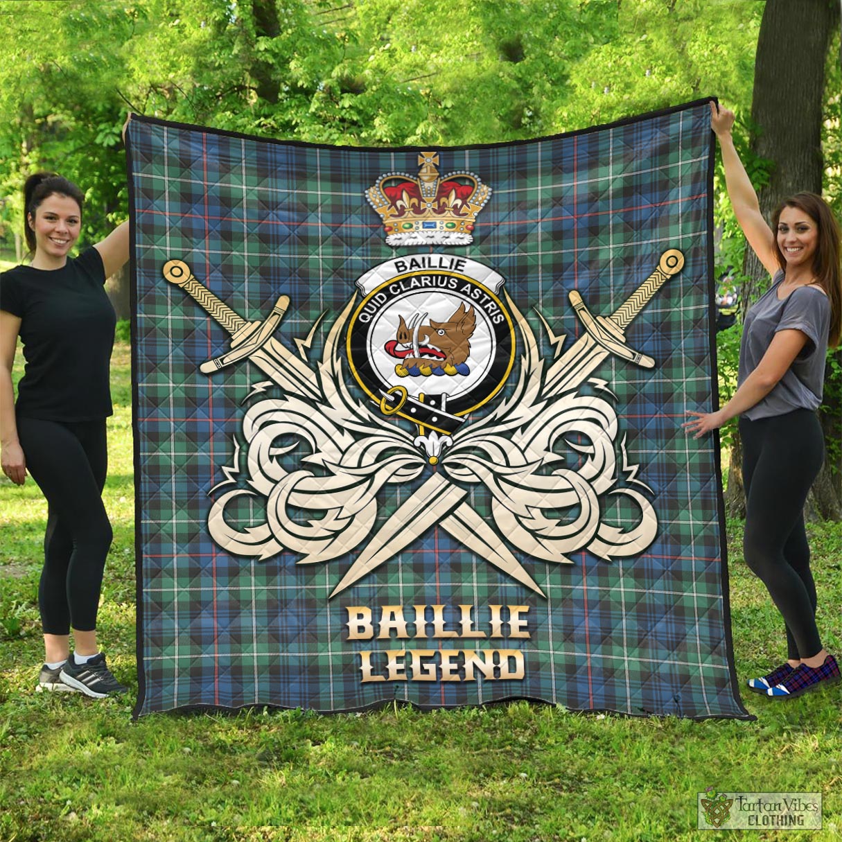 Tartan Vibes Clothing Baillie Ancient Tartan Quilt with Clan Crest and the Golden Sword of Courageous Legacy