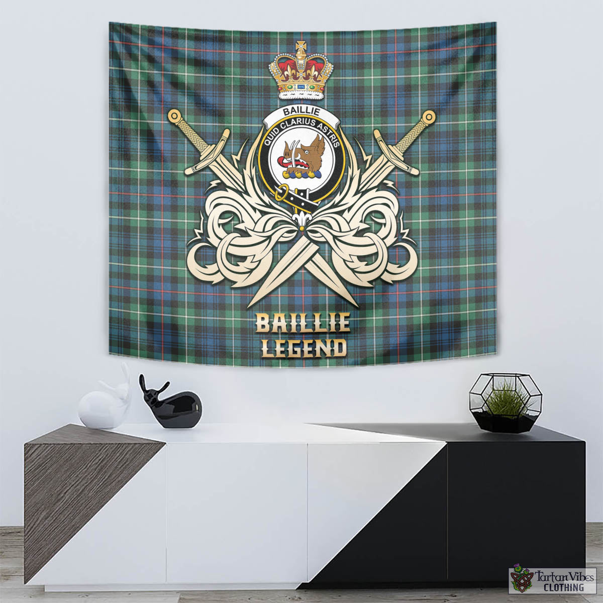 Tartan Vibes Clothing Baillie Ancient Tartan Tapestry with Clan Crest and the Golden Sword of Courageous Legacy