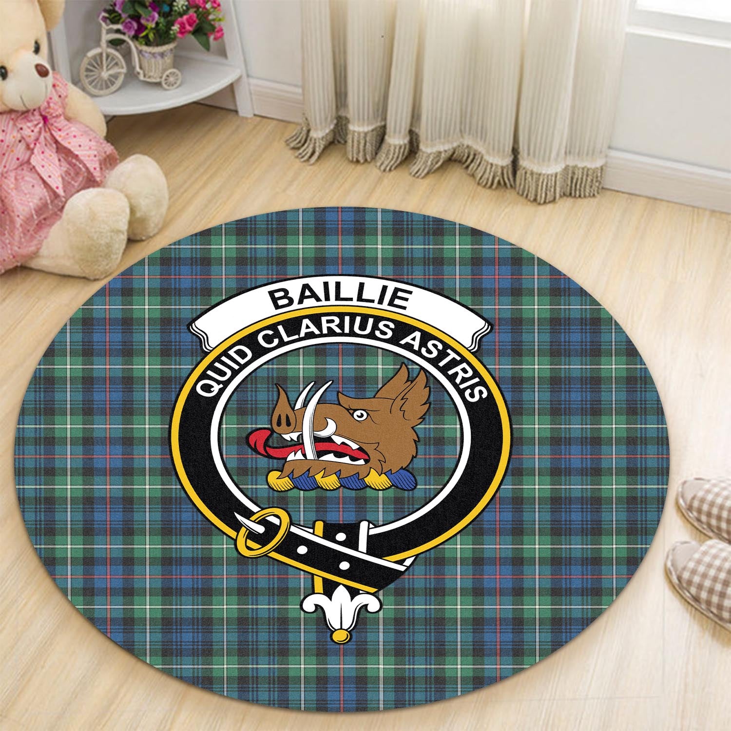 Baillie Ancient Tartan Round Rug with Family Crest - Tartan Vibes Clothing