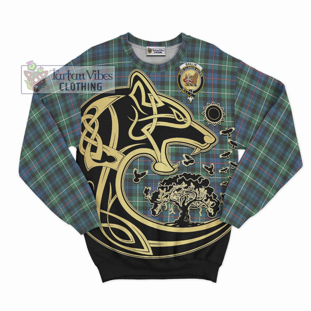 Baillie Ancient Tartan Sweatshirt with Family Crest Celtic Wolf Style - Tartan Vibes Clothing