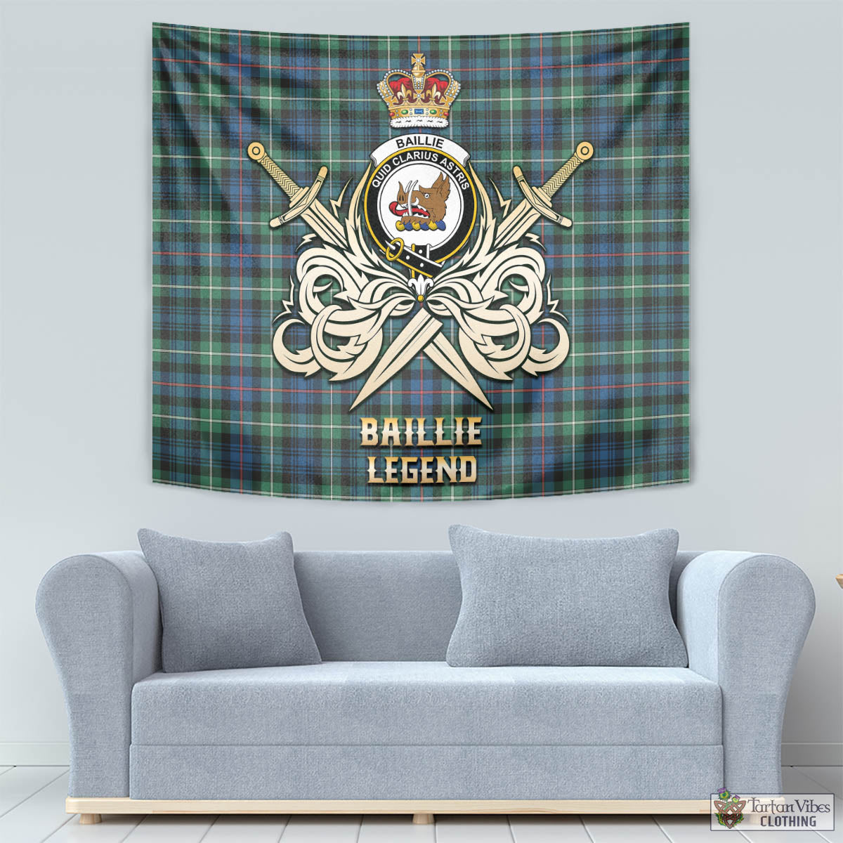 Tartan Vibes Clothing Baillie Ancient Tartan Tapestry with Clan Crest and the Golden Sword of Courageous Legacy