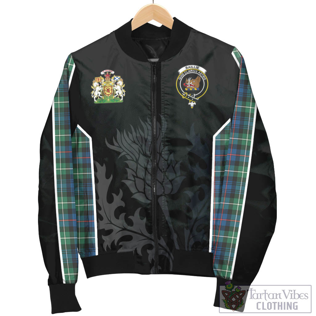 Baillie Ancient Tartan Bomber Jacket with Family Crest and Scottish Thistle Vibes Sport Style - Tartan Vibes Clothing