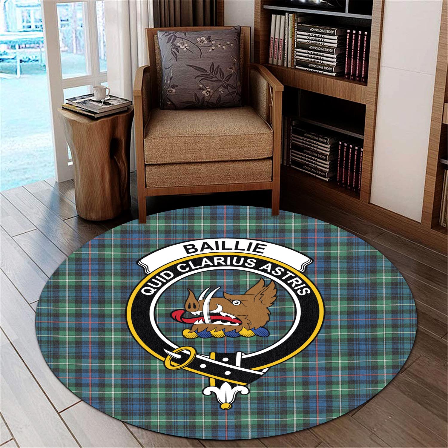 Baillie Ancient Tartan Round Rug with Family Crest - Tartan Vibes Clothing