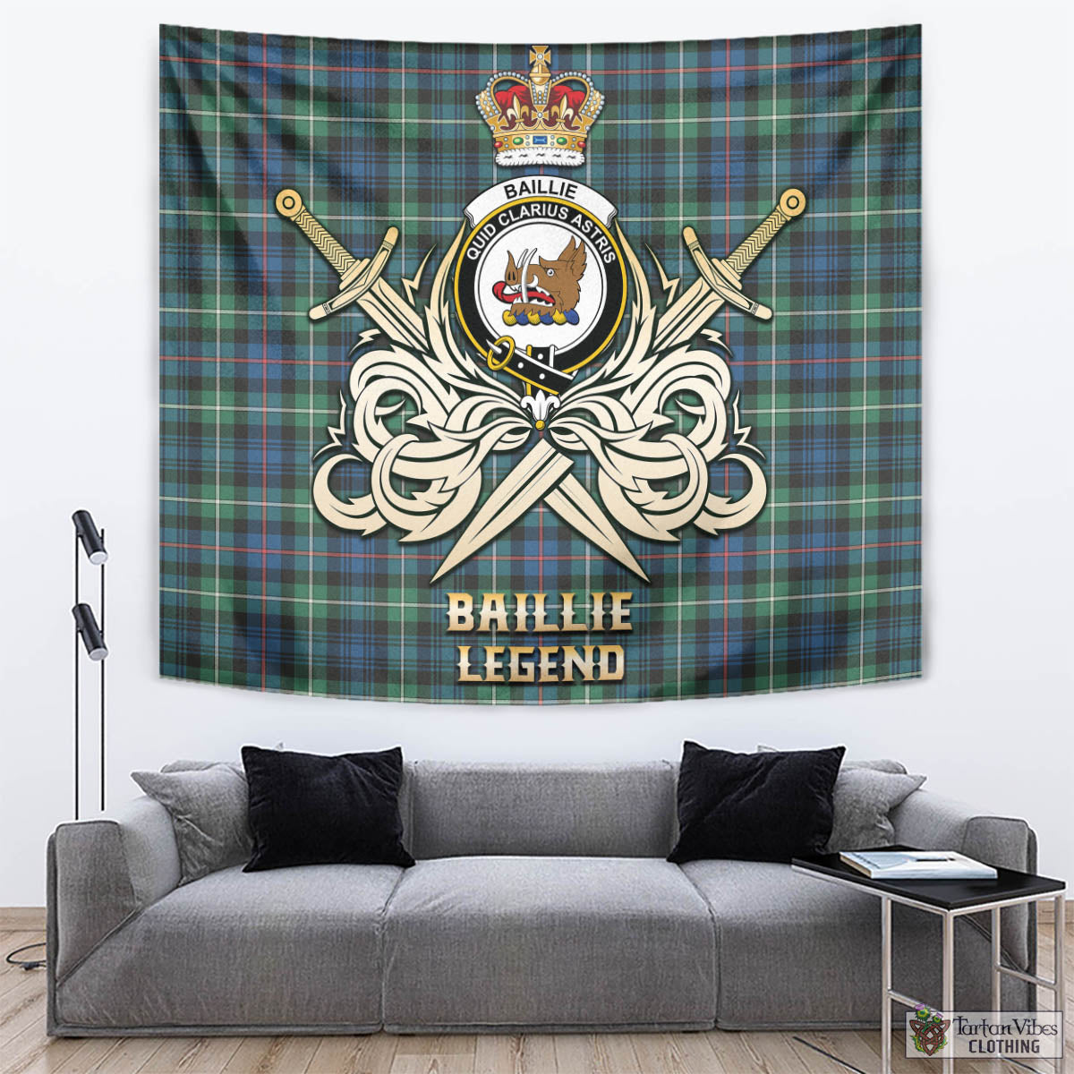 Tartan Vibes Clothing Baillie Ancient Tartan Tapestry with Clan Crest and the Golden Sword of Courageous Legacy