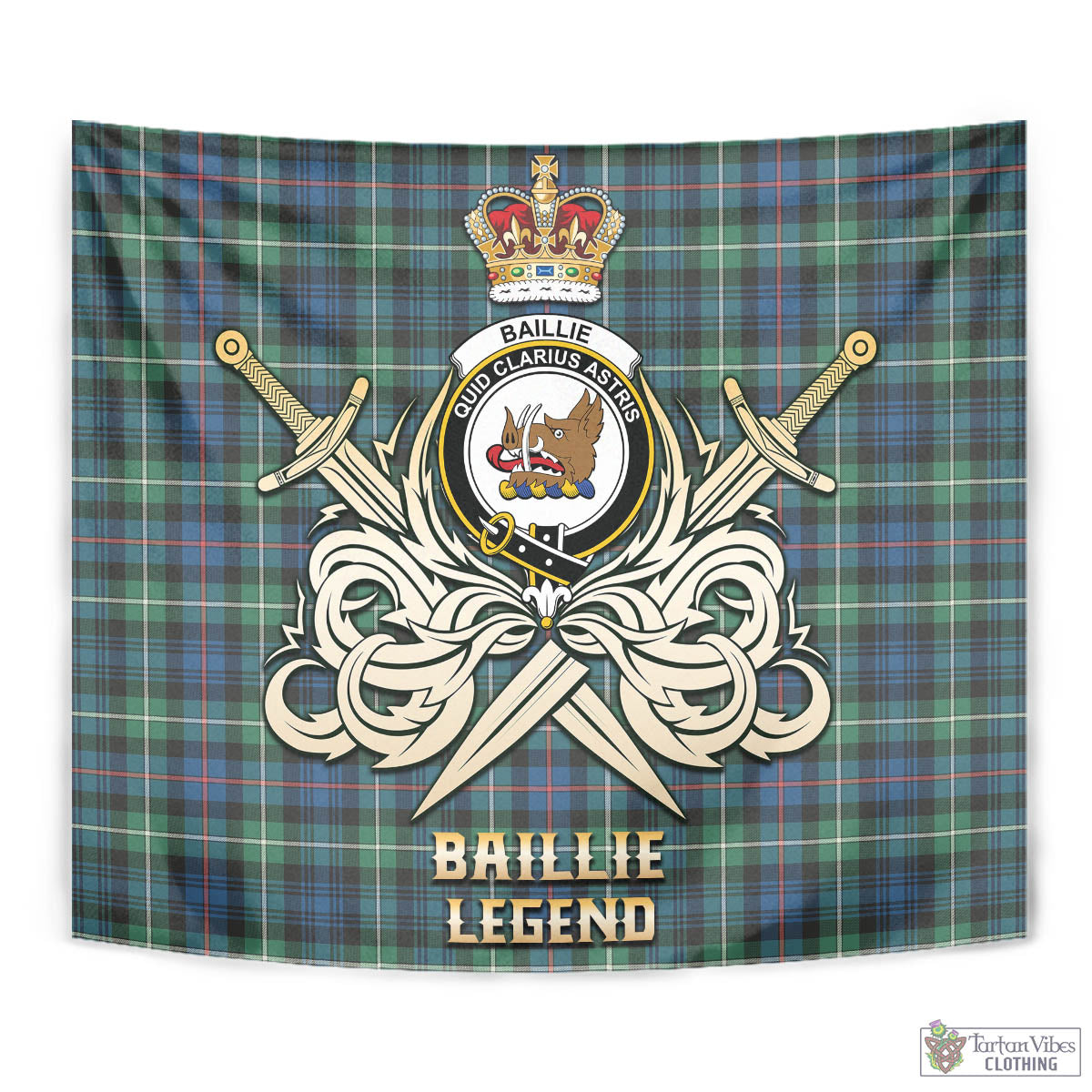 Tartan Vibes Clothing Baillie Ancient Tartan Tapestry with Clan Crest and the Golden Sword of Courageous Legacy