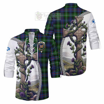 Tartan Vibes Clothing Baillie (Bailey) Tartan Ghillie Kilt Shirt with Family Crest and St. Andrew's Cross Accented by Thistle Vines
