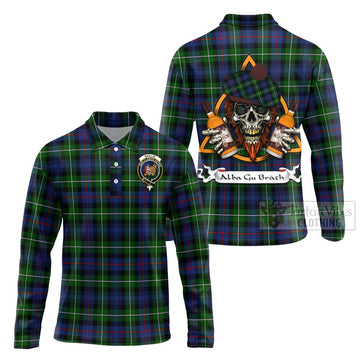Baillie (Bailey) Tartan Long Sleeve Polo Shirt with Family Crest and Bearded Skull Holding Bottles of Whiskey Unisex - Tartan Vibes Clothing