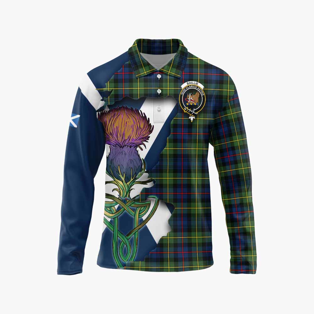 Tartan Vibes Clothing Baillie (Bailey) Tartan Family Crest Long Sleeve Polo Shirt Scottish Thistle Celtic Inspired