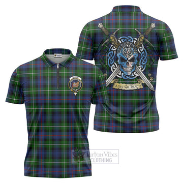 Baillie (Bailey) Tartan Zipper Polo Shirt with Family Crest Celtic Skull Style Unisex - Tartan Vibes Clothing