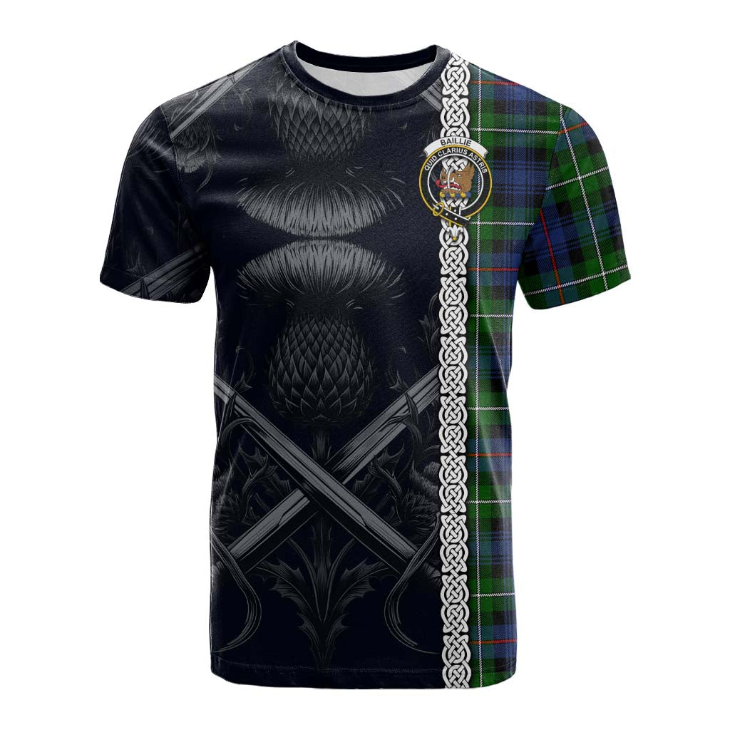 Tartan Vibes Clothing Baillie (Bailey) Tartan Cotton T-shirt with Family Crest Cross Sword Thistle Celtic Vibes