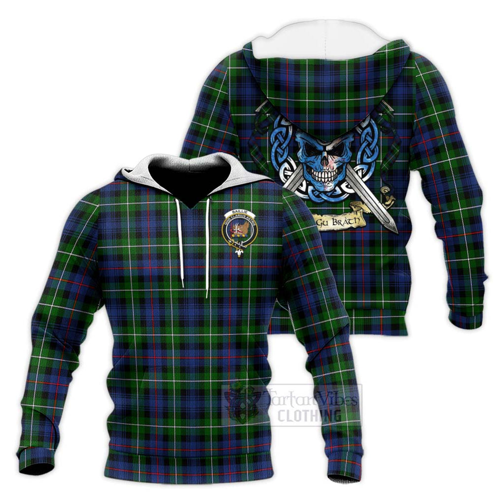 Baillie (Bailey) Tartan Knitted Hoodie with Family Crest Celtic Skull Style Unisex Knitted Pullover Hoodie - Tartan Vibes Clothing